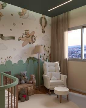 Quarto infantil em verdes suaves com marcenaria planejada