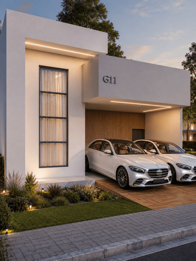 Fachada residencial contemporânea com painel ripado e iluminação cênica
