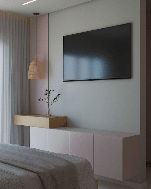 Parede da TV com painel rosa claro, nicho ripado e pendente de fibra natural