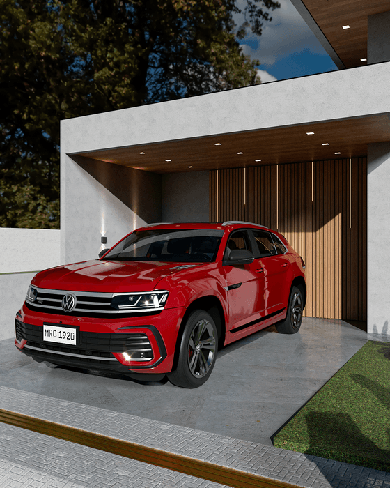 Fachada contemporânea em ângulo, com garagem coberta e revestimento em pedra