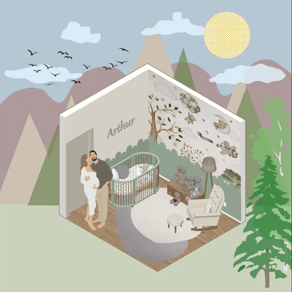 Ilustração do conceito do quarto do Arthur, com berço, poltrona e mural de bichinhos da floresta