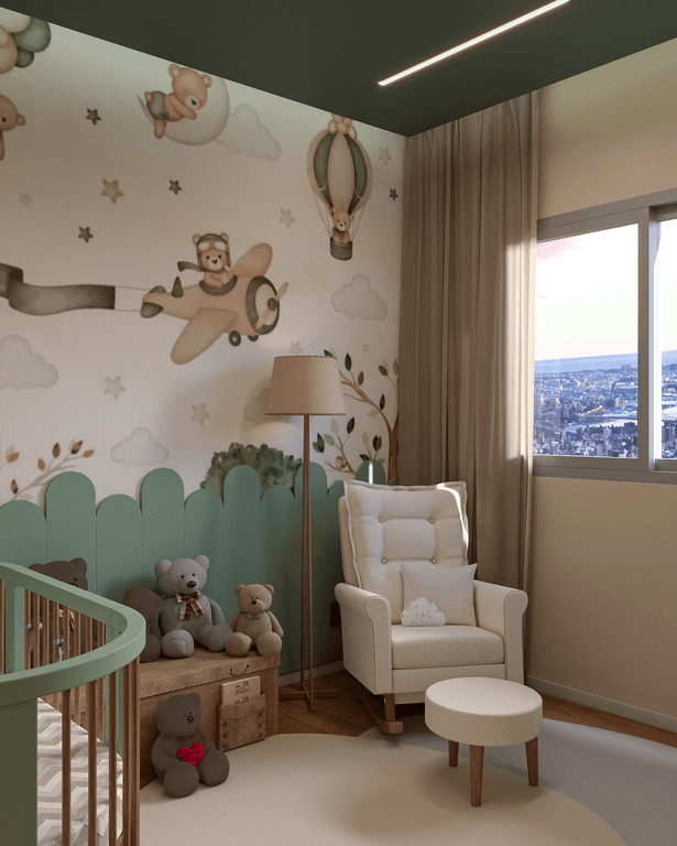 Quarto infantil em verdes suaves com marcenaria planejada e mural lúdico