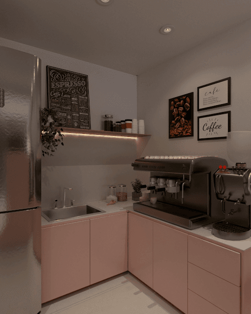 Balcão de preparo com armário rosa, cafeteira profissional e prateleira de xícaras