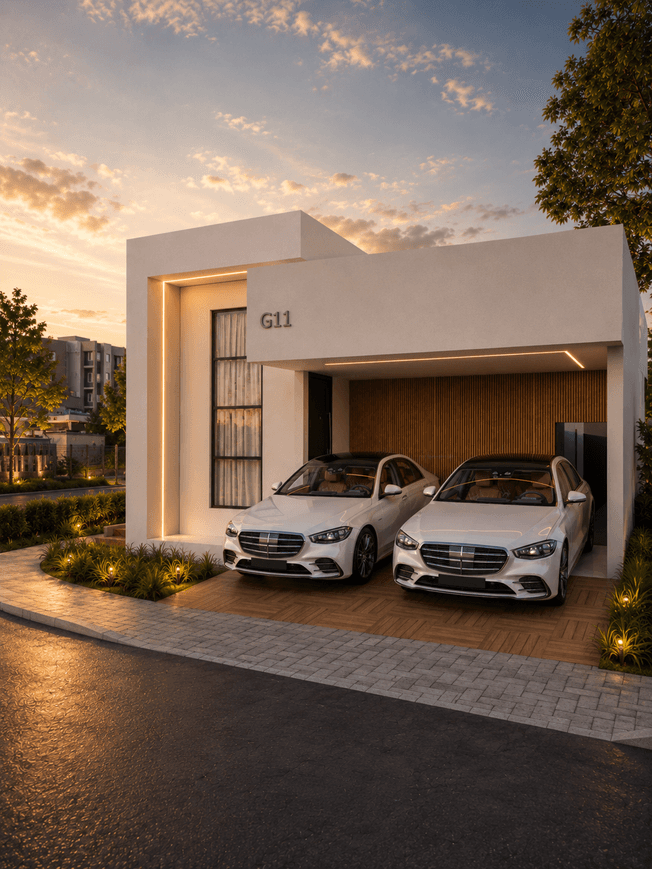 Fachada à noite com iluminação embutida no pé-direito e dois carros na garagem coberta