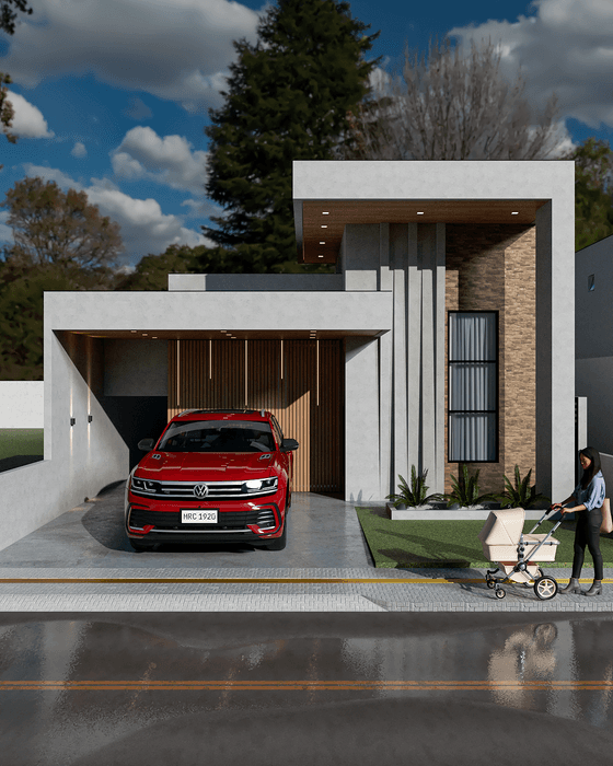 Fachada contemporânea vista da rua, com garagem coberta e jardim de entrada