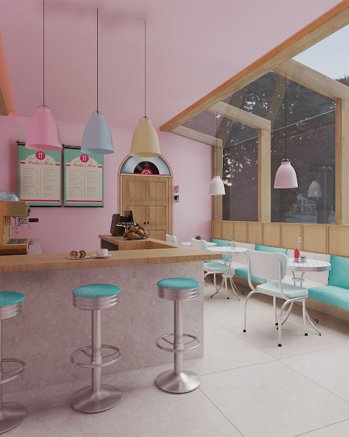 Cafeteria retrô anos 50 com paredes rosa e banquetas turquesa