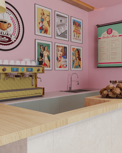 Parede rosa com quadros retrô e cafeteira profissional dourada sobre a bancada