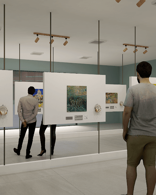 Visitantes observando os painéis de obras de Van Gogh no percurso da mostra