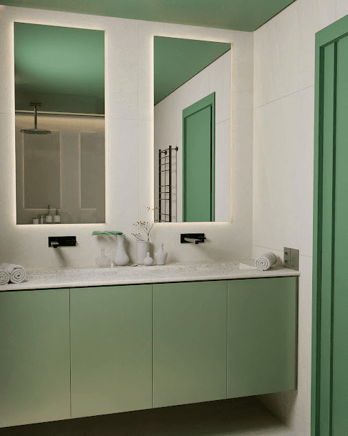 Box de vidro com ducha embutida e vaso sanitário junto à janela
